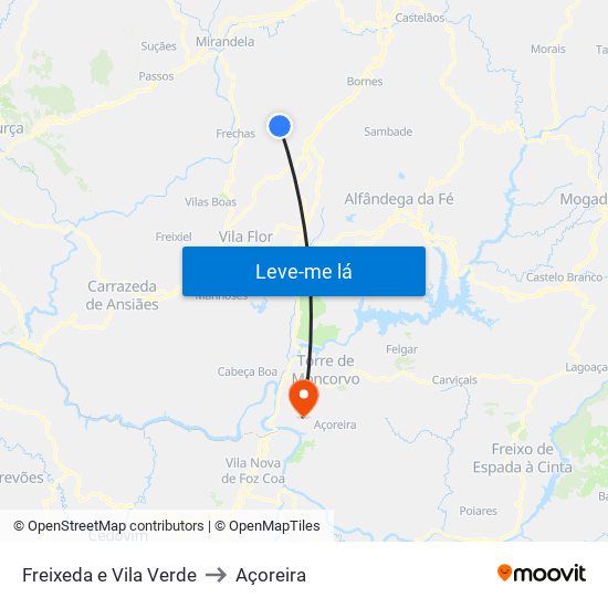 Freixeda e Vila Verde to Açoreira map