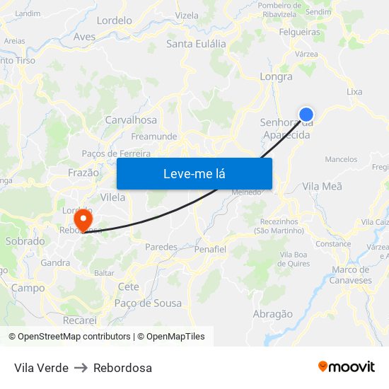 Vila Verde to Rebordosa map