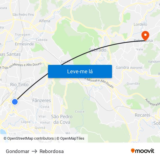 Gondomar to Rebordosa map