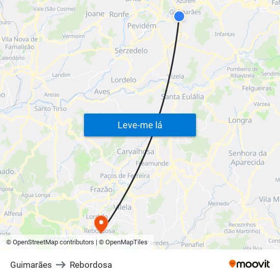 Guimarães to Rebordosa map