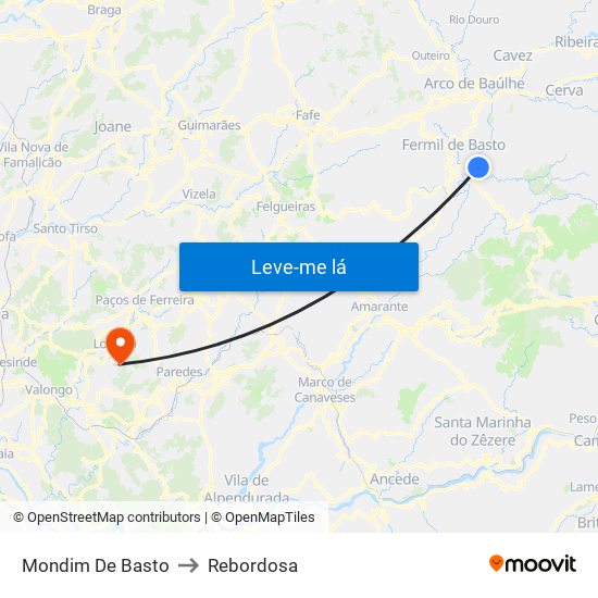 Mondim De Basto to Rebordosa map