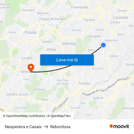 Nespereira e Casais to Rebordosa map