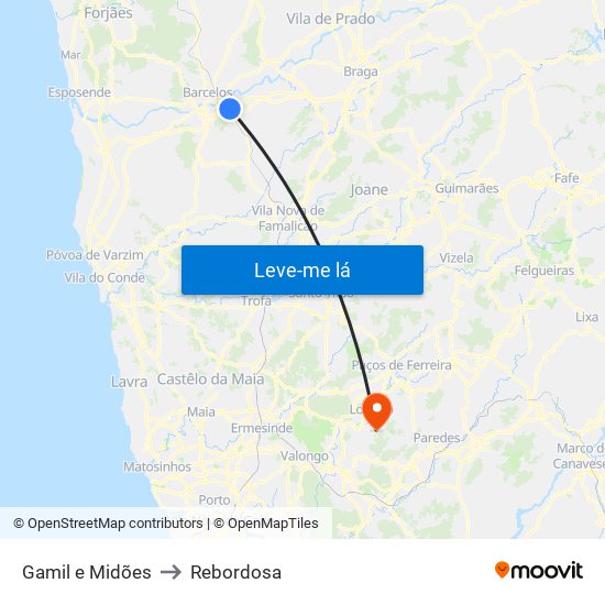 Gamil e Midões to Rebordosa map