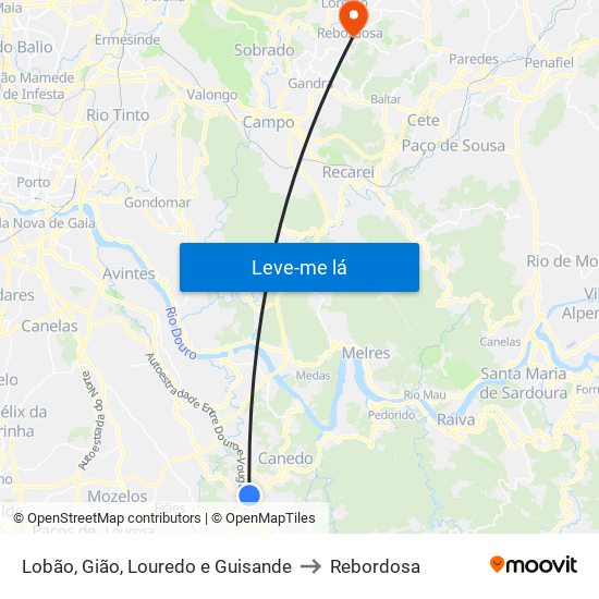 Lobão, Gião, Louredo e Guisande to Rebordosa map