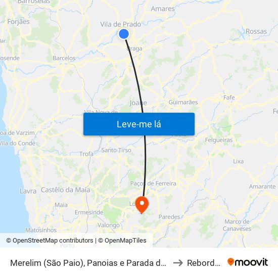 Merelim (São Paio), Panoias e Parada de Tibães to Rebordosa map