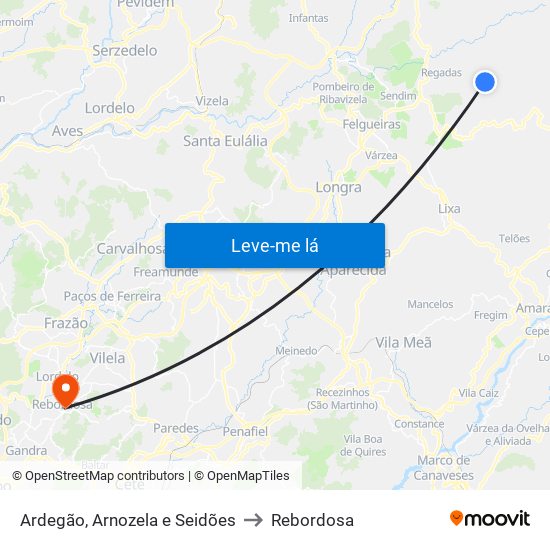 Ardegão, Arnozela e Seidões to Rebordosa map