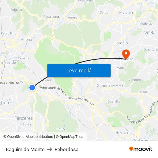 Baguim do Monte to Rebordosa map