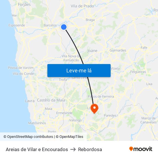 Areias de Vilar e Encourados to Rebordosa map