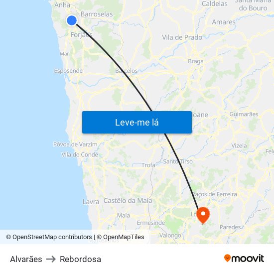 Alvarães to Rebordosa map