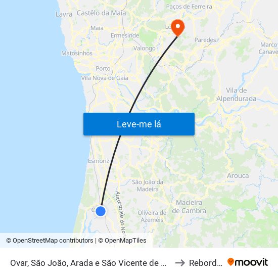 Ovar, São João, Arada e São Vicente de Pereira Jusã to Rebordosa map