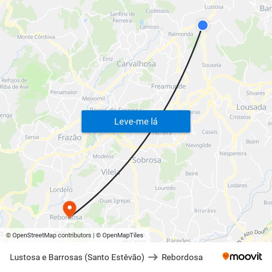 Lustosa e Barrosas (Santo Estêvão) to Rebordosa map