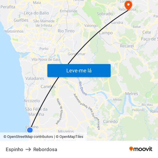 Espinho to Rebordosa map