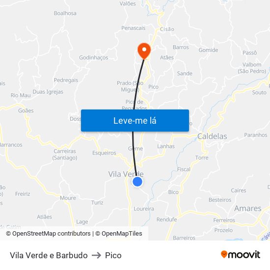 Vila Verde e Barbudo to Pico map