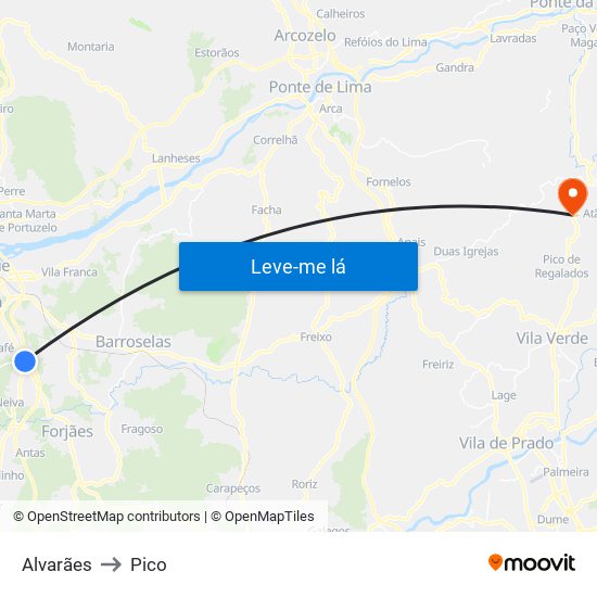 Alvarães to Pico map