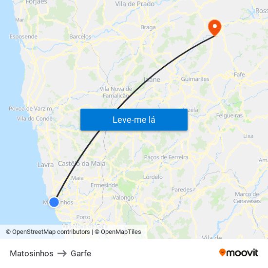 Matosinhos to Garfe map