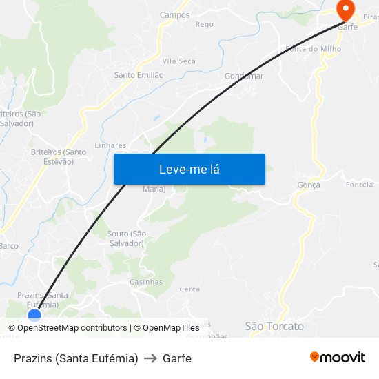 Prazins (Santa Eufémia) to Garfe map