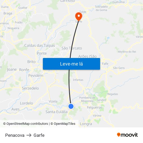 Penacova to Garfe map