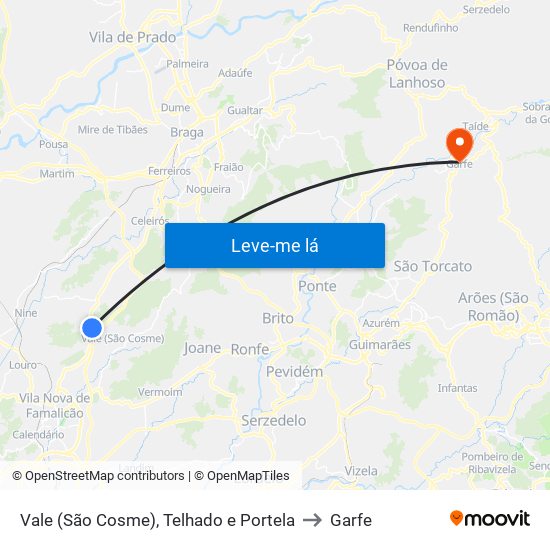 Vale (São Cosme), Telhado e Portela to Garfe map