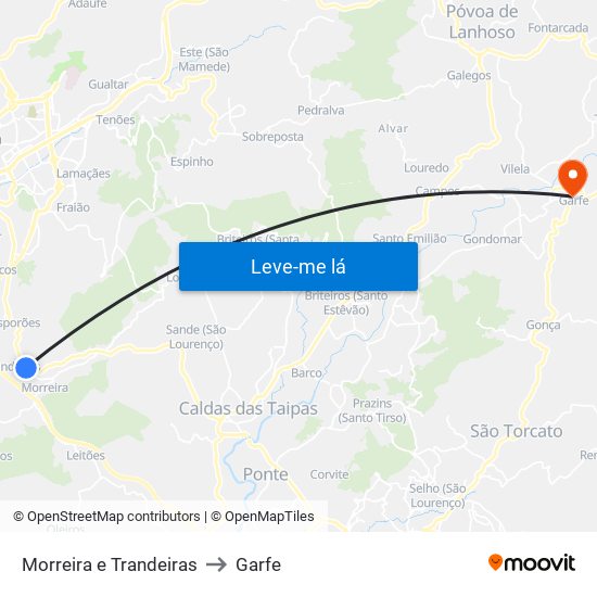 Morreira e Trandeiras to Garfe map