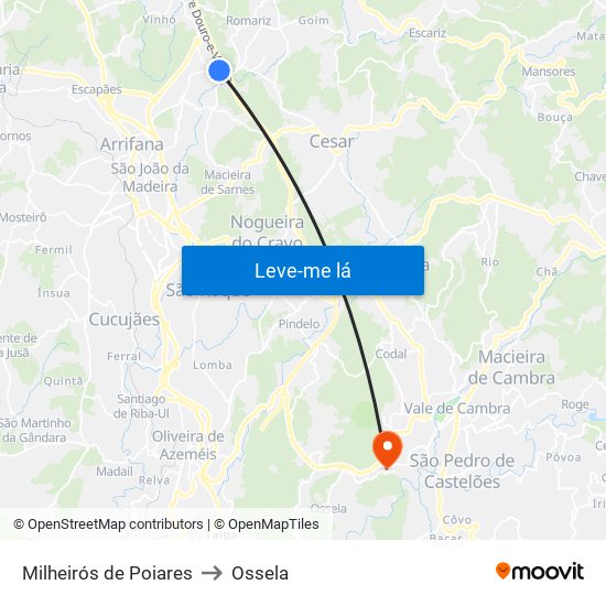Milheirós de Poiares to Ossela map