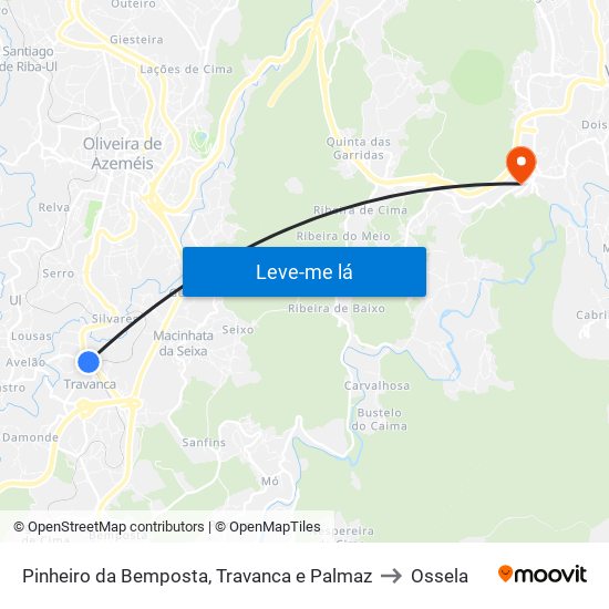 Pinheiro da Bemposta, Travanca e Palmaz to Ossela map