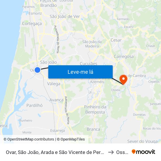 Ovar, São João, Arada e São Vicente de Pereira Jusã to Ossela map