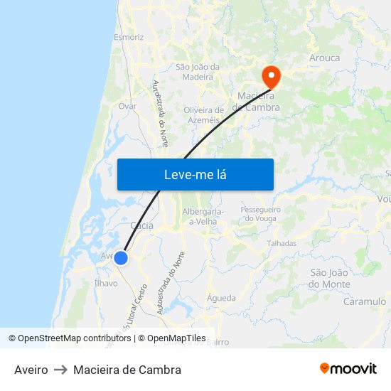 Aveiro to Macieira de Cambra map