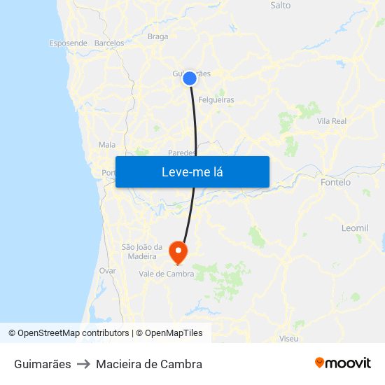 Guimarães to Macieira de Cambra map