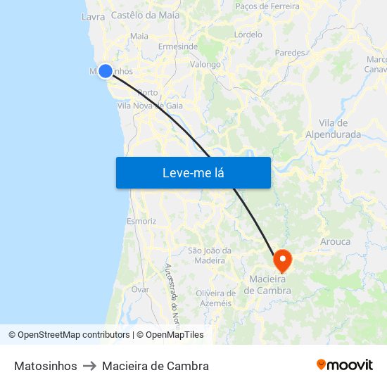 Matosinhos to Macieira de Cambra map