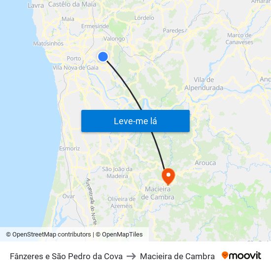 Fânzeres e São Pedro da Cova to Macieira de Cambra map