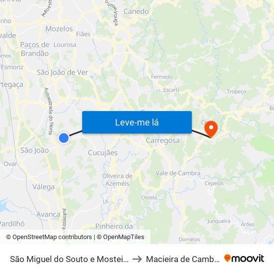 São Miguel do Souto e Mosteirô to Macieira de Cambra map