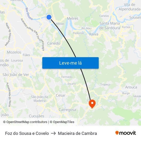 Foz do Sousa e Covelo to Macieira de Cambra map