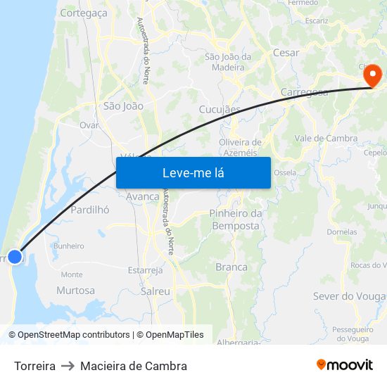 Torreira to Macieira de Cambra map