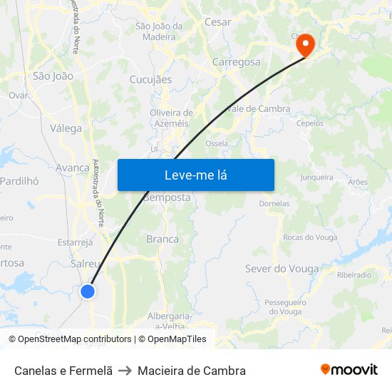 Canelas e Fermelã to Macieira de Cambra map