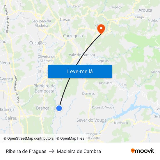 Ribeira de Fráguas to Macieira de Cambra map