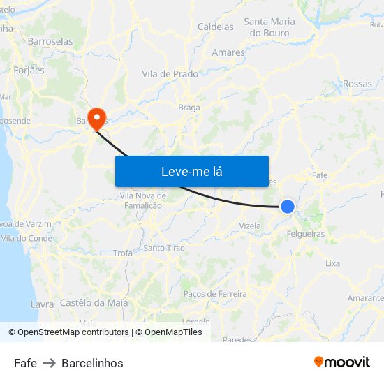 Fafe to Barcelinhos map