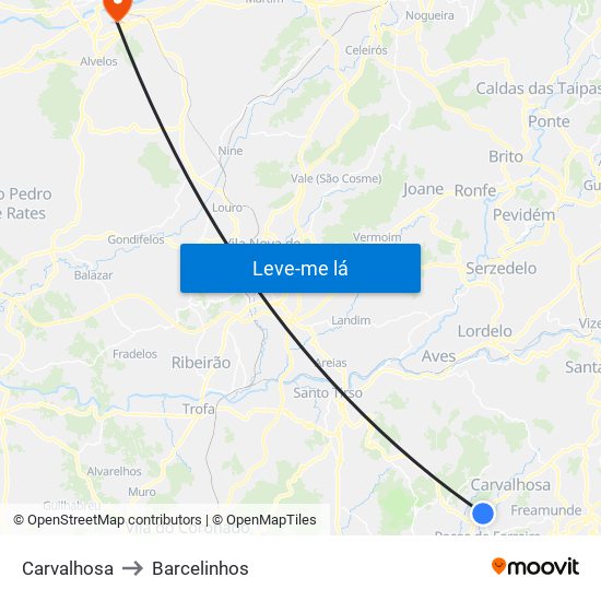 Carvalhosa to Barcelinhos map