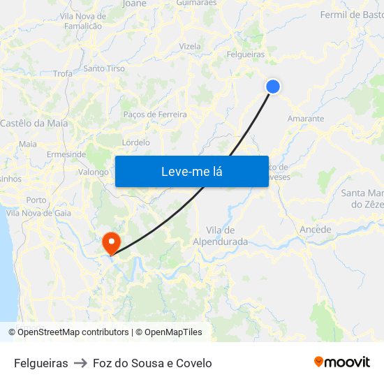 Felgueiras to Foz do Sousa e Covelo map