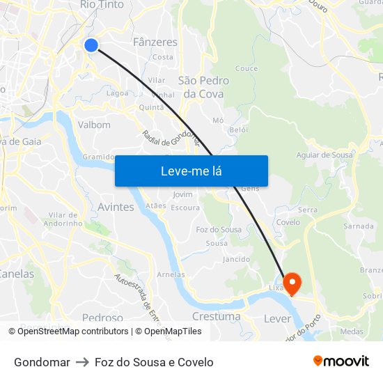 Gondomar to Foz do Sousa e Covelo map