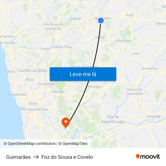 Guimarães to Foz do Sousa e Covelo map