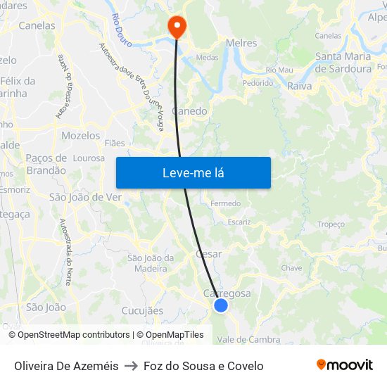 Oliveira De Azeméis to Foz do Sousa e Covelo map