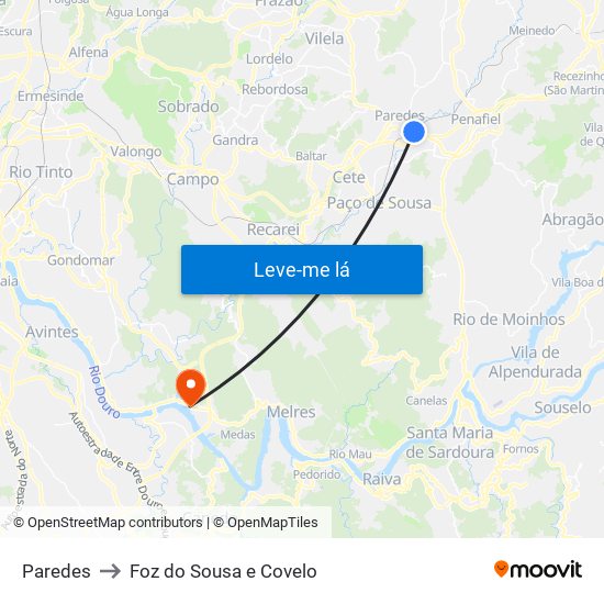 Paredes to Foz do Sousa e Covelo map