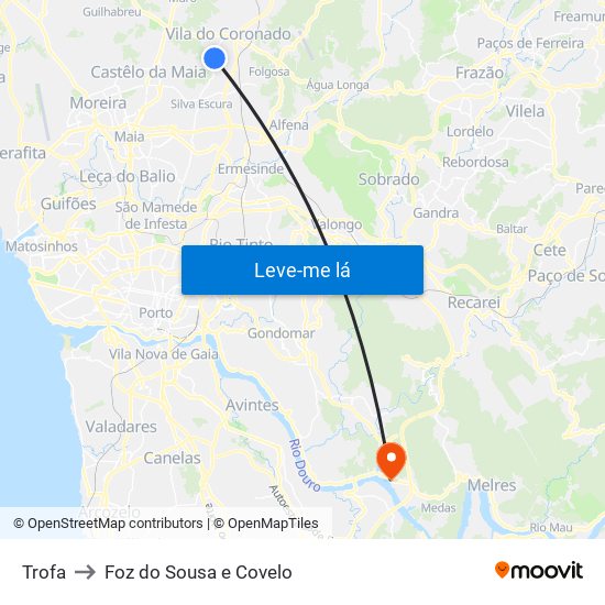 Trofa to Foz do Sousa e Covelo map