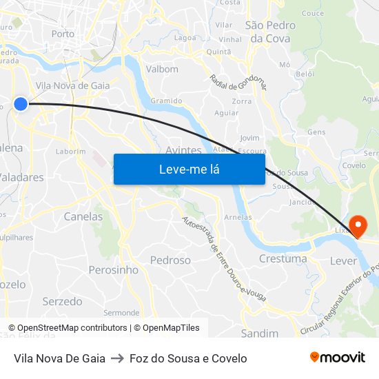 Vila Nova De Gaia to Foz do Sousa e Covelo map