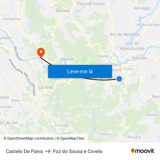 Castelo De Paiva to Foz do Sousa e Covelo map