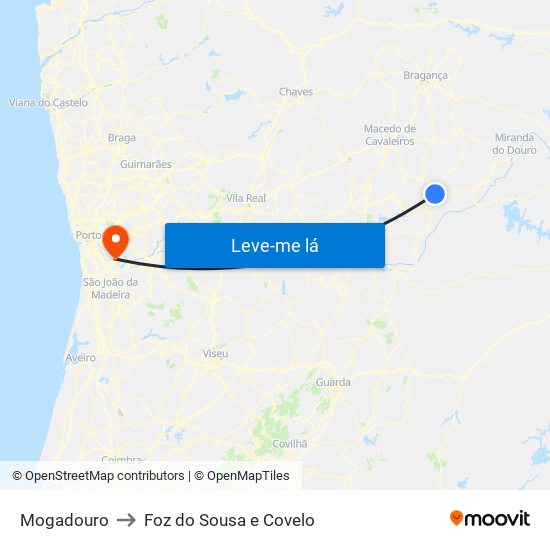 Mogadouro to Foz do Sousa e Covelo map