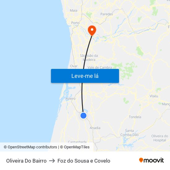Oliveira Do Bairro to Foz do Sousa e Covelo map