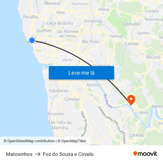 Matosinhos to Foz do Sousa e Covelo map