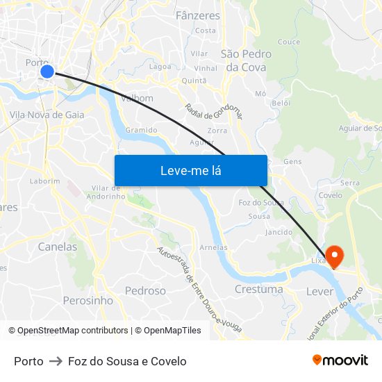Porto to Foz do Sousa e Covelo map