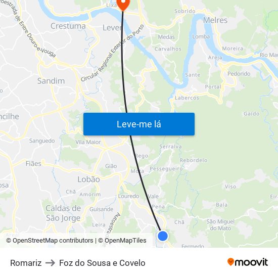 Romariz to Foz do Sousa e Covelo map